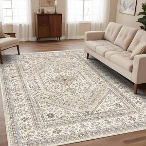 9'x12' Washable Vintage Rug: Oriental Rugs for Living Room Non Slip Backing Stain Resistant Large Indoor Carpet for Bedroom Area Rug Dining Room Decor(Beige,9x12FT)