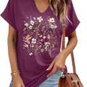 Women's Floral T-Shirts V-Neck Dandelion Sun Flower Graphic Casual Tee Boho Tops Cute Wildflowers Shirts (Purple, M)