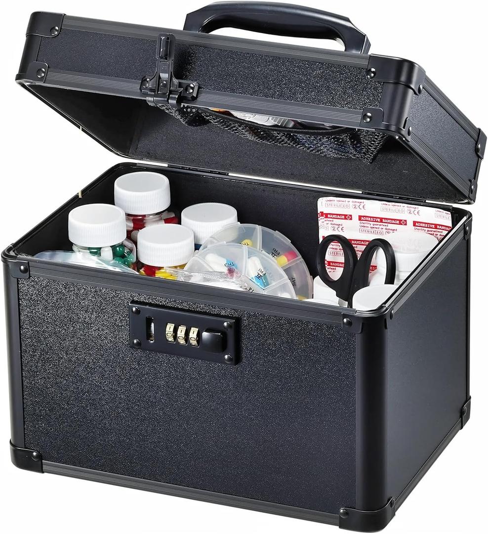 Lockable Security Storage Box - Shiny Black Safe Combination Lock Box, Cabinet Med Organizer, 10 x 7 x 9 Inches Safe Case for Documents, Valuables, Medicine & Money