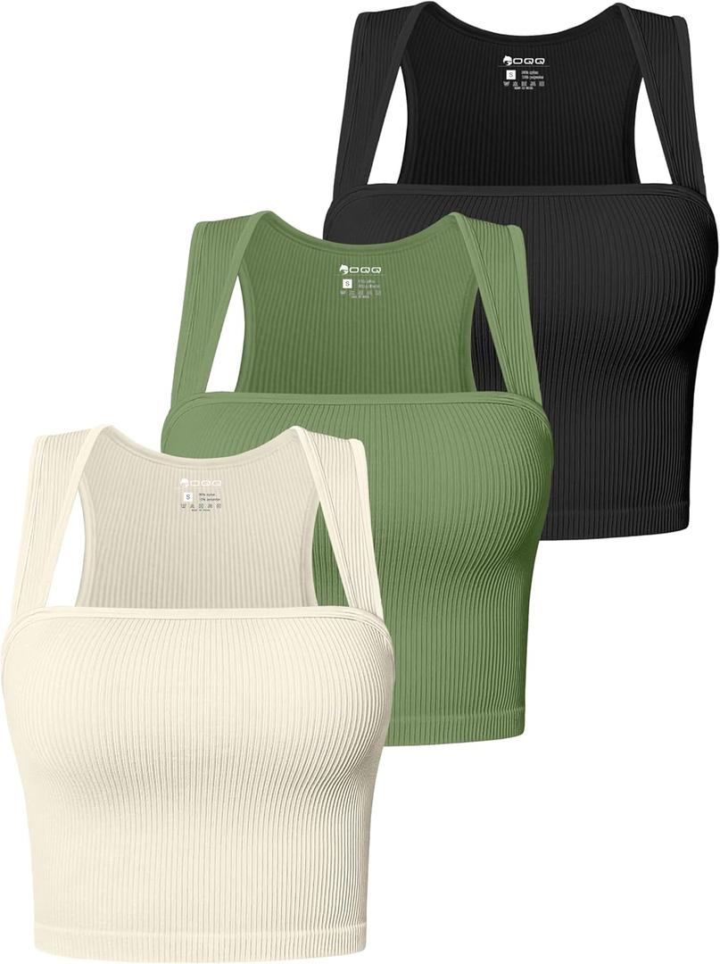 OQQ Women's 3 Piece Tank Tops Strappy Sleeveless Square Neck Stretch Tee Shirts Crop Camis (Black,pea Green,beige)