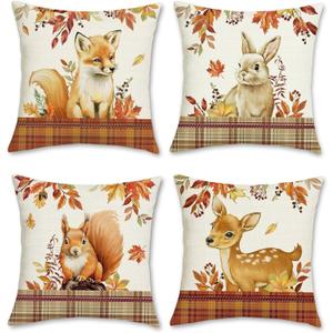 Bonhause Fall Animals Throw Pillow Covers 18 x 18 Inch Fox Deer Squirrel Rabbit Forest Farmhouse Decorative Pillow Cases for Couch Sofa Bed Home Decor Set of 4