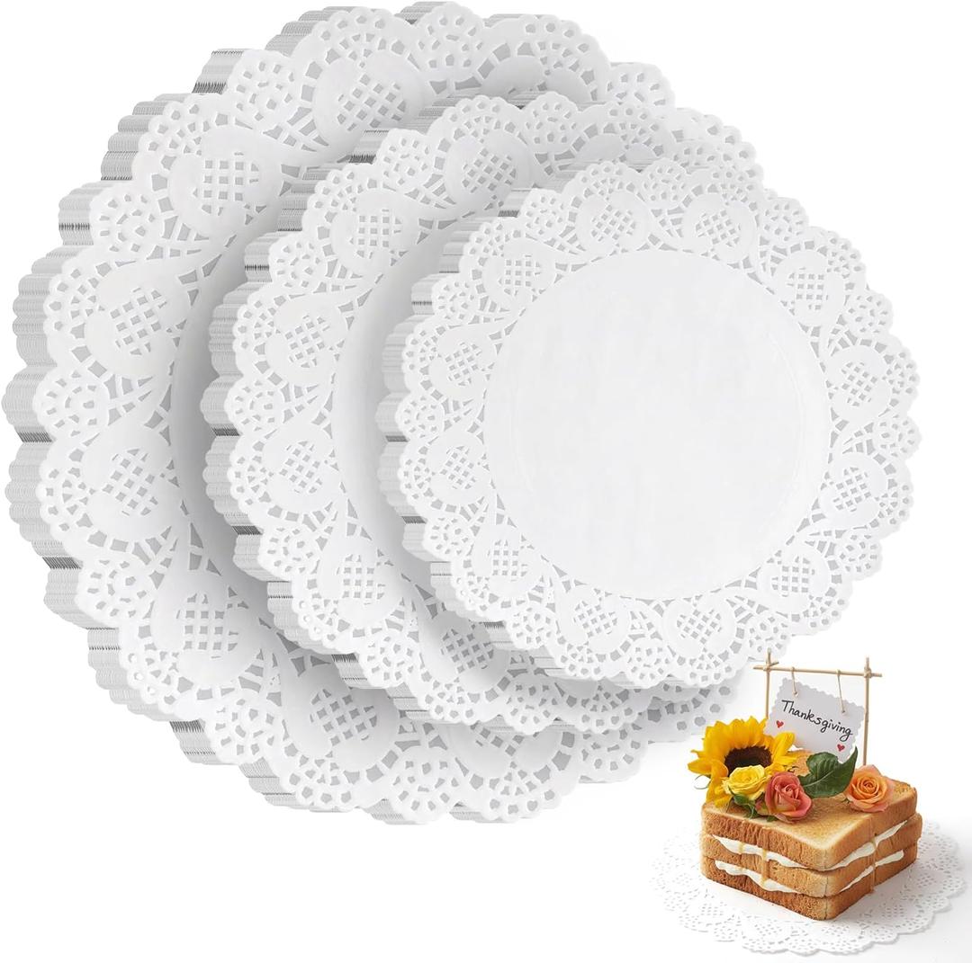 HAKSEN Paper Doilies, 36 Pack (12 Each 6.5, 8.5, 10.5)  Round Lace Paper Placemats for Cakes, Dessert Trays & Table Decor | Doilies for Thanksgiving Day, Wedding, Tea Party, Crafts (White)