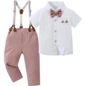 YALLET Toddler Baby Boy Clothes Suit Gentleman Wedding Outfits, Formal Dress Shirt+Bowtie+Suspender Pants(Pink, 2-3T)