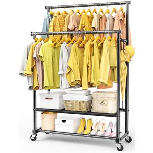 Rolling Clothes Rack with Doule Rod for Hanging, Heavy Duty Metal Garment Rack Load 450 LBS with Lockable Wheel, Free Standng Clothing Rack with 2 Shelves and Side Hooks for Home Commercial, Black