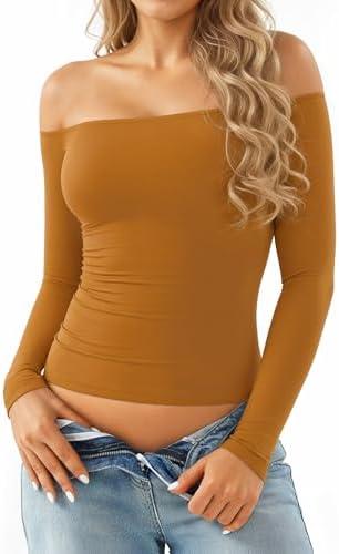 MANGOPOP Off The Shoulder Tops for Women Sexy Long Sleeve T Shirt Tops Slim Fitted M
