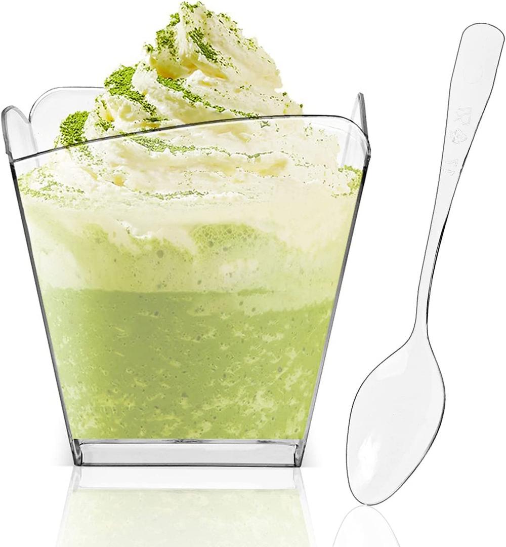 20 Pack 3.5 oz Clear Plastic Dessert Cups with 100 Tasting Spoons, Square Parfait Appetizer Cups for Party, Weddings