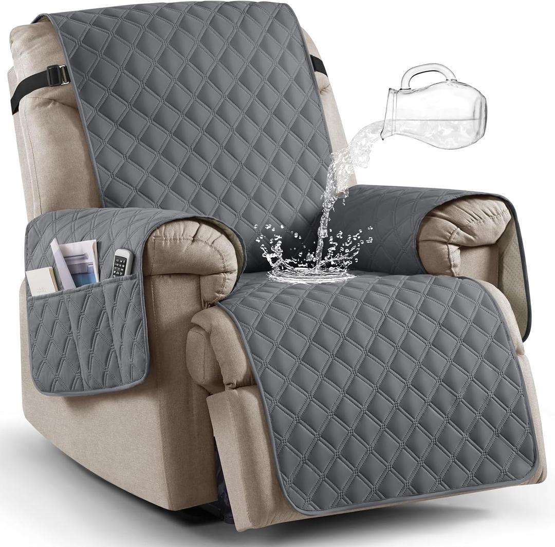 Ruaozz 100% Waterproof Recliner Chair Covers, Non-Slip Reclining Covers for Recliner Chair Washable Chair Cover, Recliner Covers with Pockets for Kids, Dogs, Pets (Dark Grey, 25'')