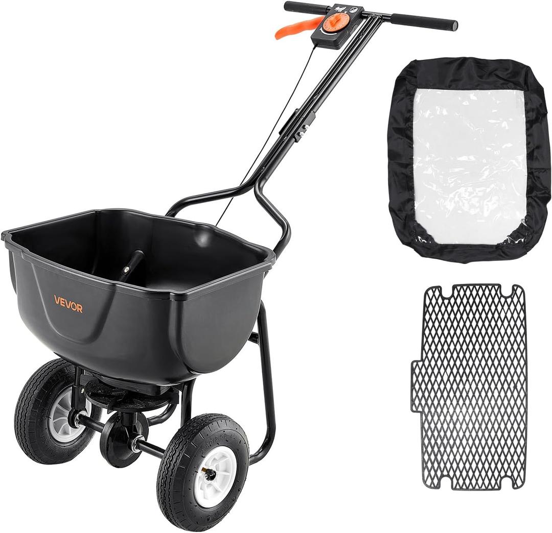 VEVOR Walk Behind Spreader, 60LBS Capacity, Push Spreader with Hopper Grate, 0-9.8 ft Spreading Width, 8 in All Terrain Pneumatic Tires, Garden & Lawn Broadcast Spreaders, for Seed, Fertilizer (White hubs + black components)