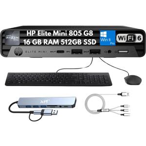 Elite Mini 805 G8 Mini Desktop 2025, AMD Ryzen 5 PRO 5650G (6-Core), 16GB RAM, 512GB SSD, 4K Display Support, Quiet Operation, Docking Station, Wi-Fi 6, Ethernet, Keyboard & Mouse, Windows 11 Pro