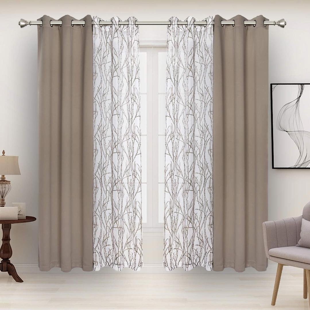 BONZER Mix and Match Curtains - 2 Pieces Branch Print Sheer Curtains and 2 Pieces Blackout Curtains for Bedroom Living Room Grommet Window Drapes, 37x63 Inch/Panel, Taupe, Set of 4 Panels