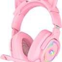 Jimonyer Gaming Headset for PC/PS4/PS5/Xbox One/Switch, Stereo Surround Sound Gaming Headphones with Noise Canceling Flexible Mic, Computer Headset with 3.5mm Jack & RGB Light (PinkCat)