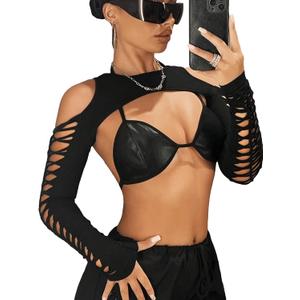 GORGLITTER Women's Cut Out Super Crop Top Bolero Long Sleeve Crew Neck T Shirt Shrug Tops (Black, S)