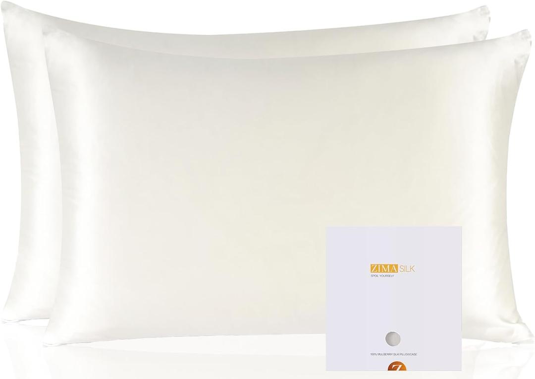 ZIMASILK 100% Pure Mulberry Silk Pillowcase 2 Pack, Soft and Smooth,Both Sides Premium Grade 6A Silk,600 Thread Count,with Hidden Zipper (Queen 20''x30'',Ivory)