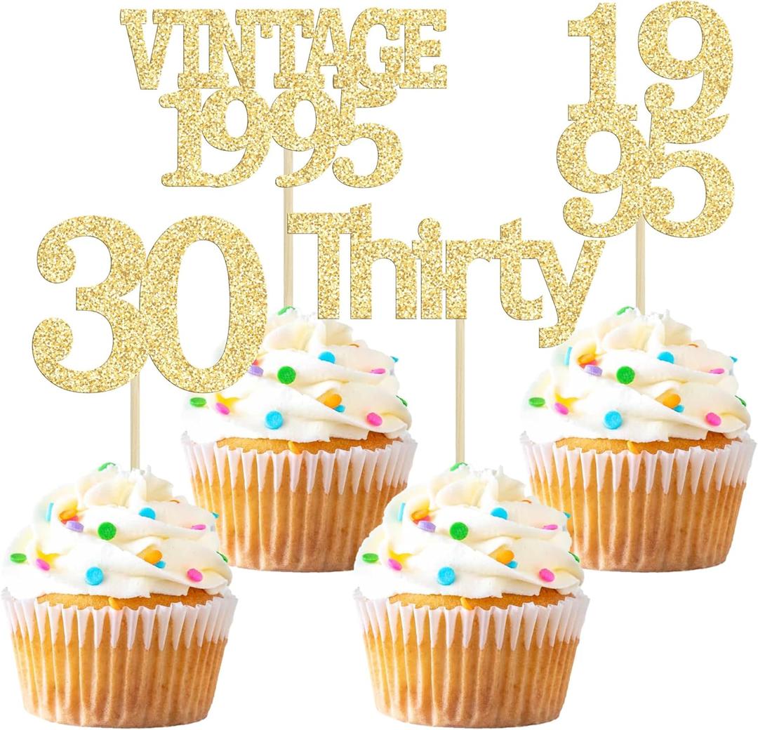2 x Gyufise 24Pcs Happy 30th Birthday Cupcake Toppers Glitter Thirty 30 Fabulous Vintage 1995 Cupcake Picks for 30th Birthday Wedding Anniversary Party Cake Decorations Supplies Gold