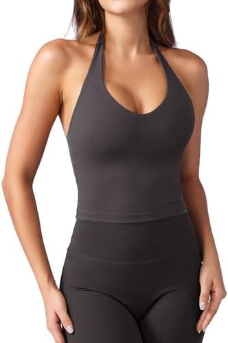 YEOREO Women's Halter Crop Top V Neck Workout Going Out Tank Top Hazel Padded Sleeveless Backless Trendy Summer Camisole L