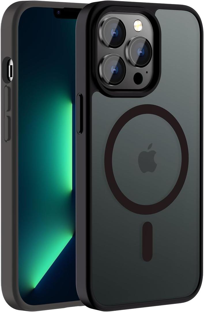 Hualele Magnetic for iPhone 13 Pro Case,Compatible with MagSafe, Military Grade Dropproof Translucent Matte Hard Back Soft Edge Slim Phone Case iPhone 13 Pro,Black