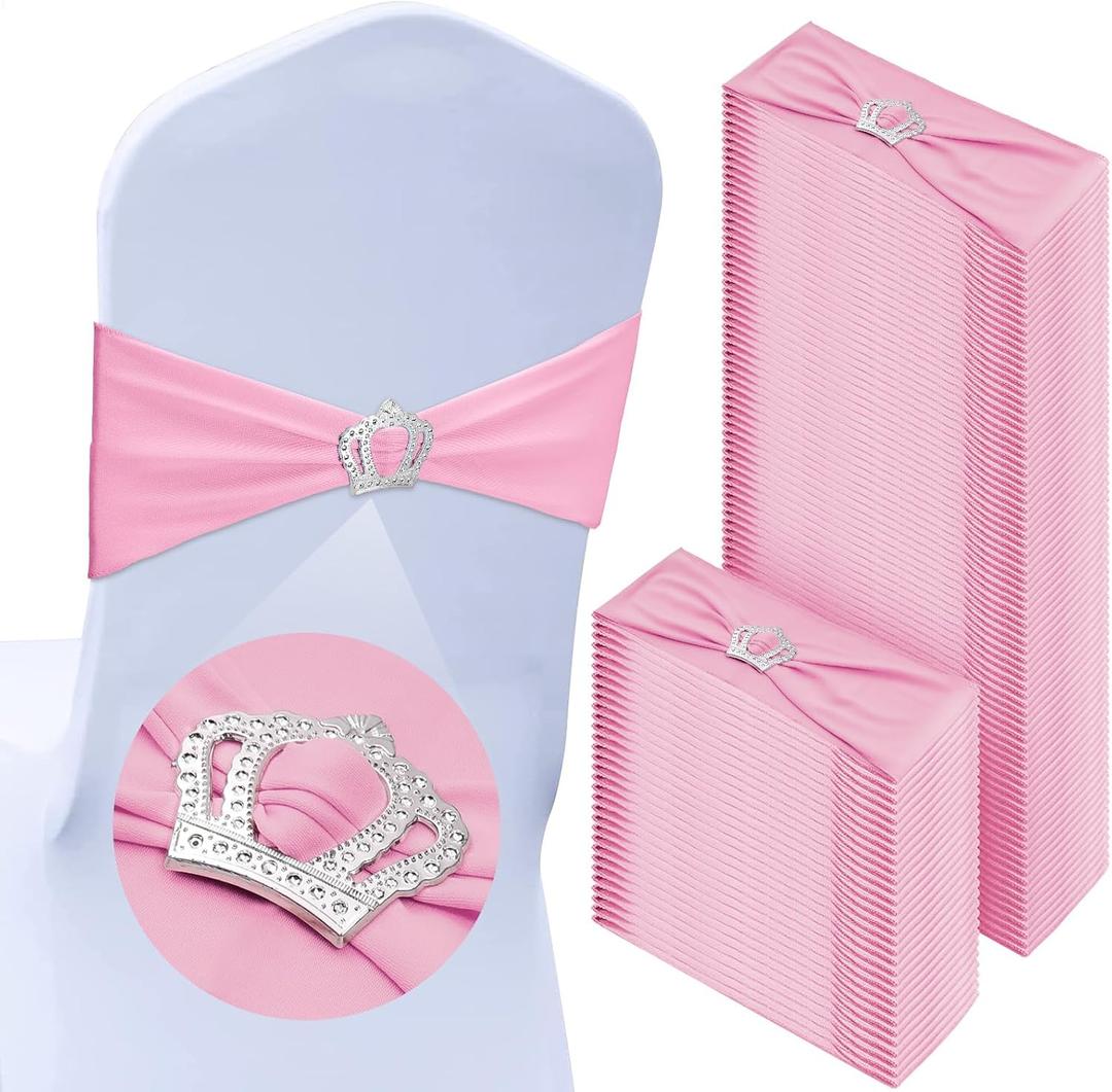 VitalCozy 100 Pcs Spandex Chair Sashes with Crown Buckle Slider Stretch Chair Bands Cover Ties for Wedding, Banquet, Gala, Corporate Event, Birthday Party, Baby Shower(Pink)