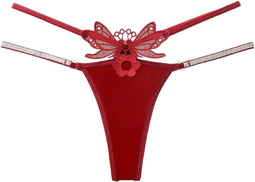 Sekexi Women's Sexy Butterfly Underwear V-shaped Sexy thong G-string Embroidered thong Flower Fun Underwear (US, Alpha, Large, Regular, Regular, Red)