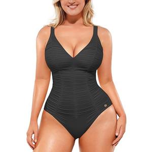 SHAPELLX One Piece Tummy Control Swimsuit V Neck Slimming Bathing Suit for Women Lace-Up Back Ruched Shapewear Swimwear XL
