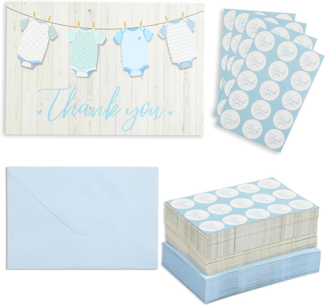 60 Pack Baby Shower Thank You Cards with Blue Envelopes for Boy - 4x6 Inch with Clothesline Design and Includes 60 Cute Stickers for Appreciation - Thank You Cards With Envelopes