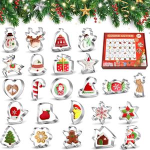 24 Pcs Christmas Cookie Cutter Set 3D Stainless Steel Christmas Tree Candy Snowflake Bell Biscuit Cutters DIY Chocolate Pastry Baking Mold for Holiday, Winter, Xmas Party