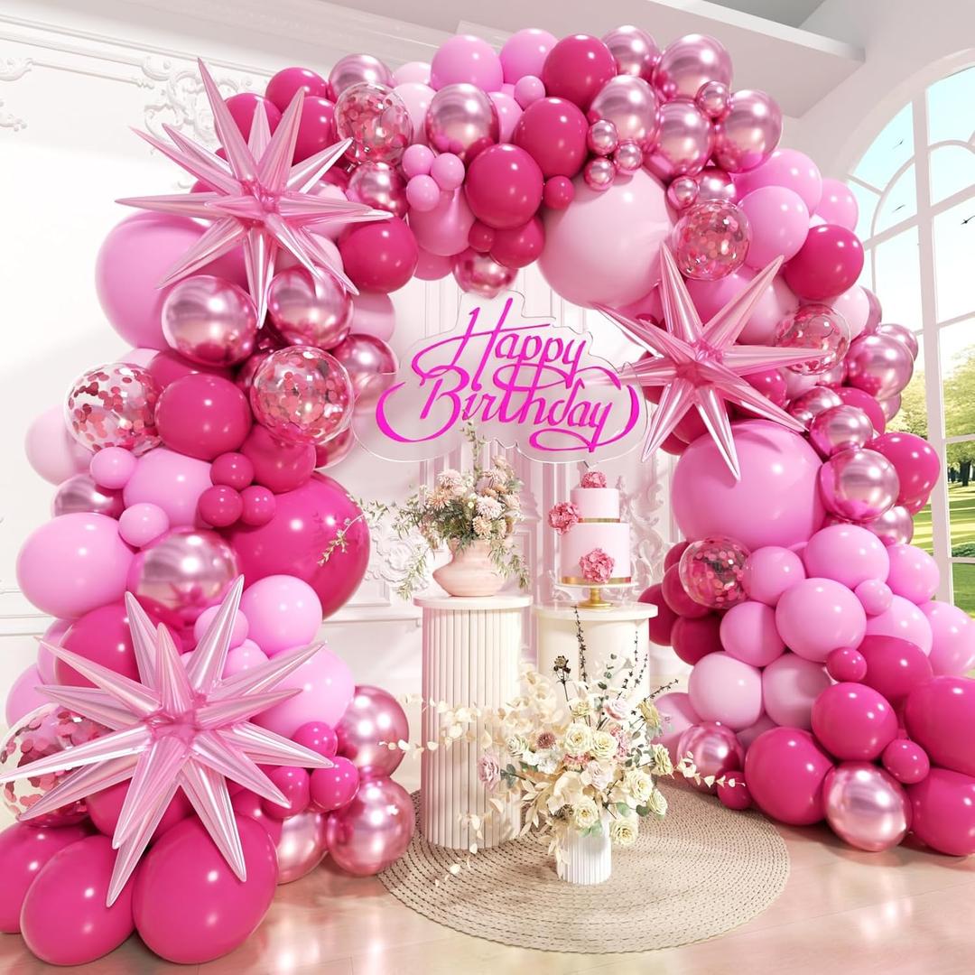 Pink Balloons Arch Kit 162pcs, Hot Pink Metallic Pink Shades of Pink and Confetti Balloon Garland Kit for Valentine's Day Birthday Wedding Princess Theme Engagements Baby Shower Party Decor