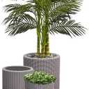 Keter Cylinder Set of 3 Rattan Resin Planter for Indoor and Outdoor Plants Ideal Decorative Planter for Porches and Patio Decor, Taupe