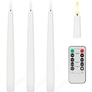 Flameless Taper Candles with 3D Wick, 9.6" Real Wax LED Candles with Remote and Timer, 3 Pack Flickering Candlesticks Battery Operated, Classic Tall Taper Candles for Home, Wedding, Party, White