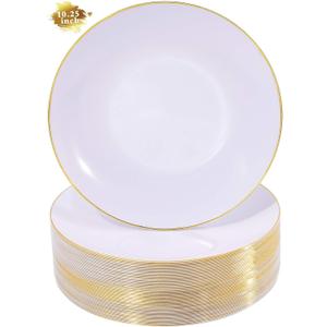 Nervure 100 Pieces Gold Plastic Plates - 10.25 inch Gold Dinner Plates - Heavyweight White and Gold Disposable Plates Ideal for Wedding & Party & Father's Day & Christmas