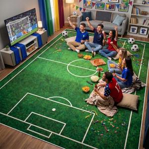 2026 World Cup Large Soccer Rug 6'7" x 9'6", Stadium Style & Non-Slip Soccer Field Rug, Soft Soccer Rugs for Boys Bedroom, Best Soccer Fan Gift for Watch Party (6.5ft × 9.5ft, Goalpost Style)