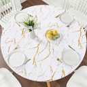 Smiry Round Picnic Tablecloth, Waterproof Elastic Fitted Table Covers for 36" - 44" Tables, Wipeable Flannel Backed Vinyl Tablecloths for Camping, Indoor, Outdoor, White & Gold