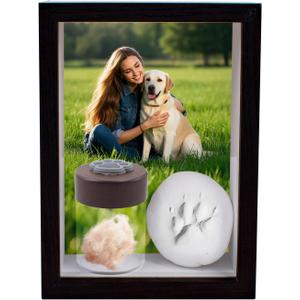 Pet Memorial Shadow Box Frame 5x7 with Clay Paw Print Kit and Fur Keepsake Box, Black Wood Picture Frame for Dogs and Cats That Passed Pet Death Sympathy and Gifts for Pet Lover