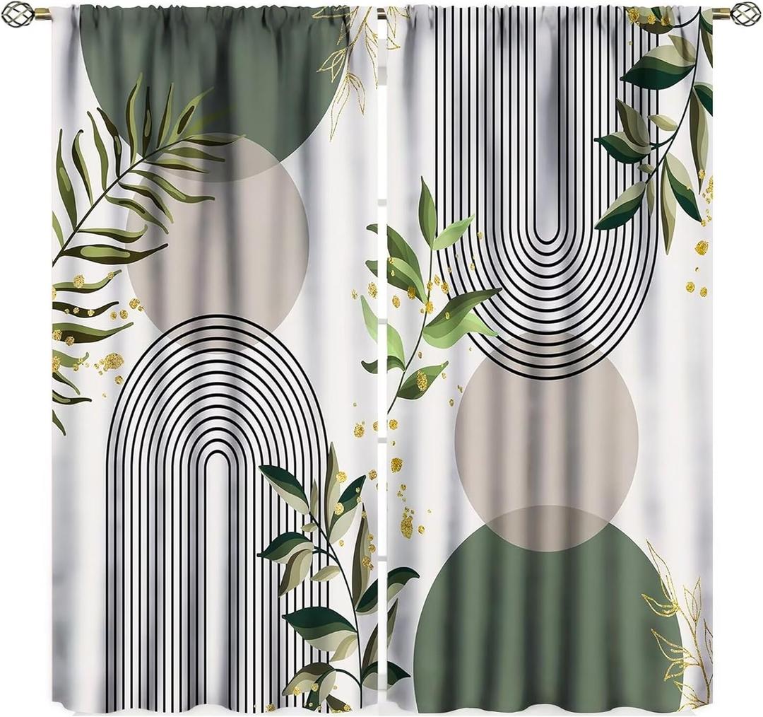 Boho Leaf Curtains, Mid Century Abstract Green Leaves Tropical Plants Modern Minimalist Window Treatments for Bedroom Living Room Kitchen Cafe Bohemian Drapes, 42x45 Inch Decor