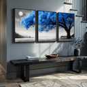 Large Framed Blue Black and White Tree Wall Art for Living Room, 24x36 Inch