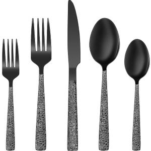Black Hammered Silverware Set, 20-Piece Stainless Steel Square Flatware Set for 4, Food-Grade Tableware Cutlery/Utensil Sets for Home Restaurant, Mirror Finish, Dishwasher Safe