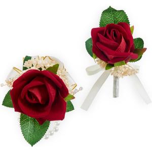 2pcs Red Rose Wrist Corsage and Boutonniere Set Wrist Corsage Wristlet Band and Man Boutonniere Set for Wedding Flower Accessories Prom Suits