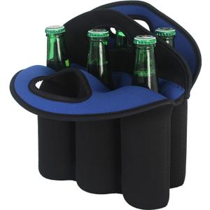 6 Pack Bottle Carrier, Insulated Neoprene Beer Bottle Holder for Travel, Keeps Drinks Cold with Secure Carry Handle, Gift for Men (Black-Blue)