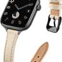 STIROLL Slim Leather Bands Compatible with Apple Watch Band 38mm 40mm 41mm 42mm(Series 11 10), Top Grain Leather Watch Thin Wristband for iWatch SE 9 8 7 6 5 4 3 2 1 (Beige Black)