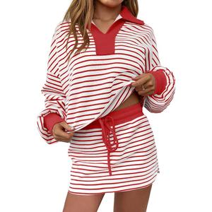 Fisoew Womens Striped 2 Piece Outfits Casual Sweatshirt Skirt Set Long Sleeve Skirt Workout Set Matching Lounge Sets, Size Medium 
