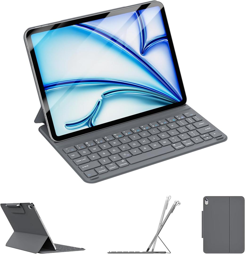 for iPad Air 11-inch Case with Keyboard (M4/M3/M2, 2026/2025/2024), Ultra-Thin & Lightweight, Safe Pencil Buckle, Rechargeable Magnetic Detachable Keyboard for iPad Air 5th/4th 10.9", Grey