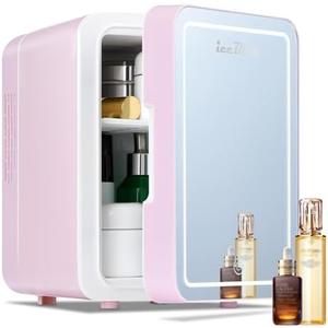 Iceblue Mini Fridge, 13 Display Modes Adjustable LED Light Mirror Gaming Mini Fridge, 4 Liter /6 Cans Gaming Small Refrigerator, AC/DC Dual-use Beverage Skincare Fridge for Bedroom, Gift - Black