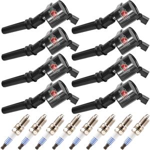 8 Pack DG508 Ignition Coils Iridium Spark Plugs SP479, Compatible with Ford F150 F250 F350 E150 E250 Econoline Excursion Explorer Mustang Lincoln Mercury, Replace# FD503 SP493 (Black)