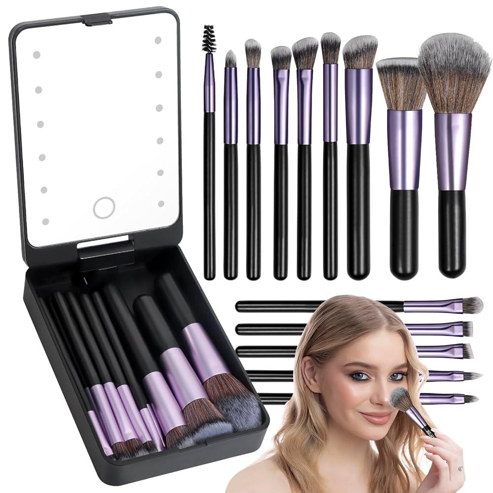 ElectricWise 12 Pcs Travel Makeup Brush Set with LED Light Mirror, Cosmetic Makeup Brushes Kit with Holder Case and Mirror, Foundation Powder Concealers Eye Shadows Makeup Brush Set(Black)