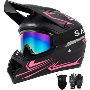 SPARK DOT Approved Youth Motocross Helmet Kids Dirt Bike Helmets - Full Face, Lightweight & Breathable for Off-Road E-Bike BMX MX ATV (with Gloves Goggles Mask) 4Pcs Set, Black Pink, Medium (57-58cm)