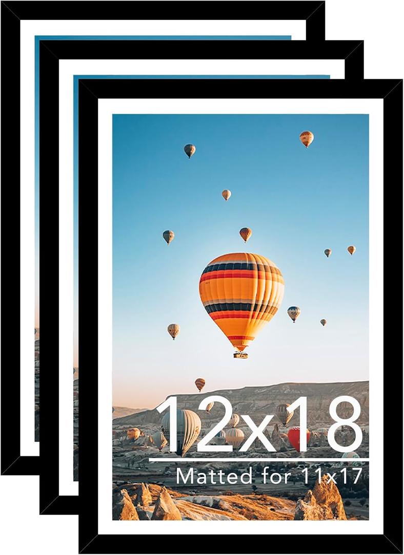 JCJMY 12x18 Picture Frame Set of 3 with 11x17 Mat, Display Photo 11x17 with Mat or 12 x 18 Without Mat, Wall Hanging Large 12 by 18 Poster Frame with Plexiglass, 3 Pack, Black