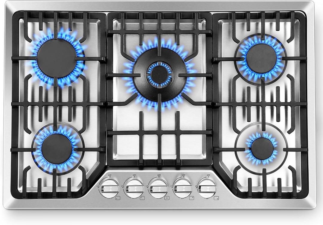 Amzgachfktch Gas Cooktop 30 Inch with 5 Italy SABAF Powerful Burners, Max 48,300 BTU/hr Gas Stove Top, Built-in 304 Stainless Steel Propane Stove, NG/LPG Convertible, CSA Certified, 30 inch no griddle