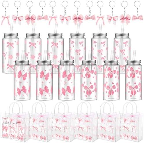 Remerry 12 Set Pink Bow Party Favors, Pink Bow Clear Gift Bags with Handle Plastic Cups with Lid and Straw 13.5 Oz, Acrylic Keychains for Coquette Birthday Party Bridal Shower Gifts, 11 Caps