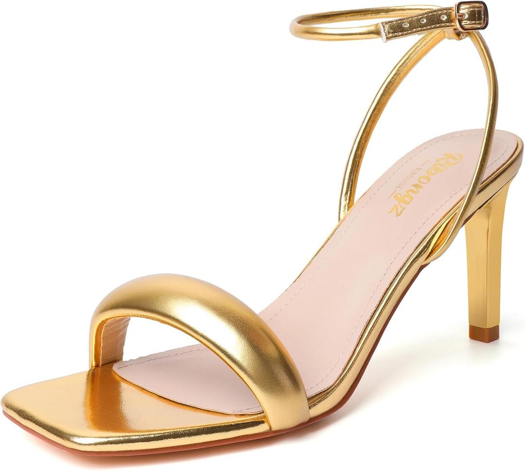 RIBONGZ Light Gold Strappy Kitten Heels For Womens Square Open Toe Sexy Sandals Comfortable Dressy Stiletto High Heels Wedding Party Evening Prom Dress Shoes 9