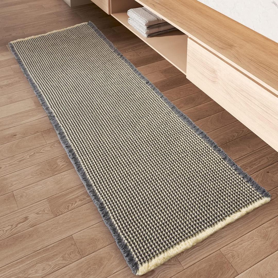 AMOAMI Upgraded Waffle Runner Rug Super Absorbent Non Slip Bath Mats for Bathroom Washable Bathroom Runner Rug with Tassels, Ideal for Hallway Bedroom Laundry Room, Dark Grey & Yellow, 17" x 60"