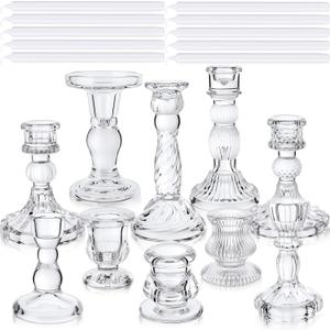 Mumufy 20 Pcs Glass Crystal Taper Candle Holders Stand Centerpiece Bulk with 10 in Taper Candles Sticks Clear Decorations Table Wedding Dining Party (Transparent)
